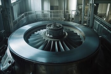 Poster - Large industrial turbine in a factory setting showcasing intricate design and engineering, rotating at high speed, capturing the essence of modern technology and machinery.