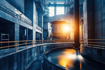 Poster - Industrial Power Plant Interior with Flowing Water and Dramatic Lighting from Windows, Showcasing Machinery and Infrastructure in a Modern Facility