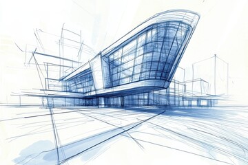 Poster - Modern Architectural Sketch of a Futuristic Building with Dynamic Lines and Contemporary Design Elements in a Creative Blueprint Style