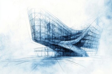Poster - Abstract Architectural Sketch of a Modern Building with Fluid Lines and Futuristic Design Elements in a Blue Tint, Emphasizing Structure and Aesthetics