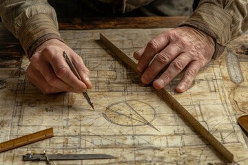 Poster - Close-Up of Hands Holding a Pencil and Ruler Over Vintage Blueprint Drawings, Showcasing the Art of Drafting and Technical Design in a Creative Workspace