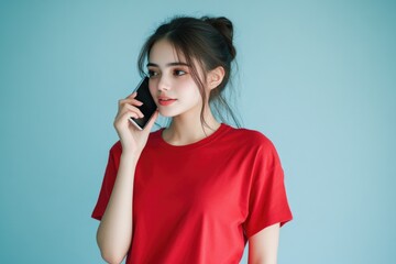 Wall Mural - A woman stands outdoors wearing a red shirt and holding a cell phone while speaking on it