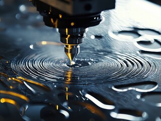 Poster - Advanced Laser Cutting Process Creating Intricate Patterns on Metal Surface with Rippling Water Effects and Precision Machinery in Action