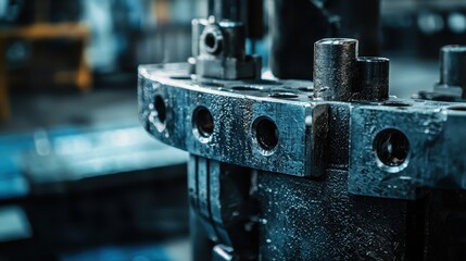 Poster - Close-Up View of Industrial Machinery Part with Smooth Metallic Surface and Intricate Design Showcasing Precision Engineering in a Factory Environment