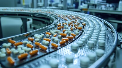 Poster - Pharmaceutical production line with vibrant capsules and tablets moving on conveyor belt, showcasing modern manufacturing technology in a health-focused facility