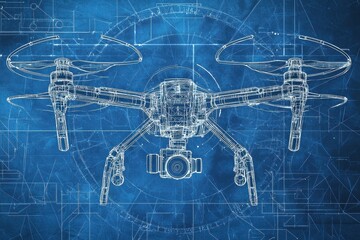 Poster - Detailed Blueprint of a Drone on a Blueprint Background, Showcasing the Intricate Design and Technological Features of a Modern Aerial Vehicle