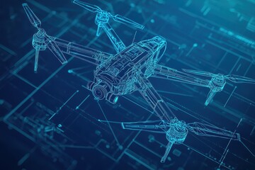 Poster - Blueprint Style Illustration of a Drone with Futuristic Design Overlaid on Technical Background in Blue and Teal Tones for Innovative Technology Concepts