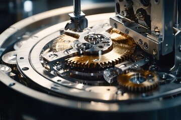 Poster - Close-Up of Intricate Mechanical Gears and Components in a Precision Engineering Process Showcasing Clockwork Mechanics and Metal Assembly