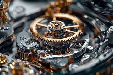 Poster - Intricate Close-up of a Mechanical Watch Movement Showcasing Gears, Springs, and Precision Engineering with Shiny Metallic Finishes and Classic Design Elements