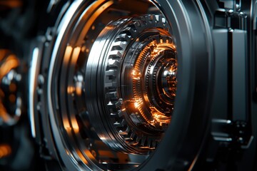 Poster - Intricate Close-Up of a Futuristic Mechanical Component with Glowing Elements in High Detail and Precision, Showcasing Advanced Technology and Engineering Design