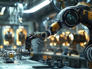Poster - Advanced robotic arm assembling precision components in a futuristic automated factory environment showcasing cutting-edge technology and innovation in manufacturing processes.