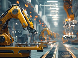 Poster - Advanced Industrial Robotics in a Modern Factory Setting Showcasing Automation Technology and Precision Engineering for Enhanced Manufacturing Processes