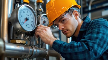 Poster - Young Engineer in Hard Hat Adjusting Pressure Gauge in Industrial Facility, Focused on Safety and Precision in a Modern Manufacturing Environment