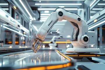 Poster - Advanced Robotic Arm Performing Precision Tasks in a Futuristic Automated Factory Environment with Sleek Design and Cutting-Edge Technology for Industrial Applications