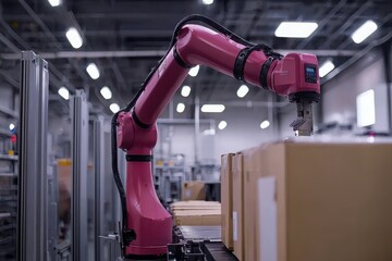 Poster - Pink Industrial Robot Arm in Modern Warehouse Setting Handling Packages with Precision and Efficiency near Automated System for Streamlined Operations