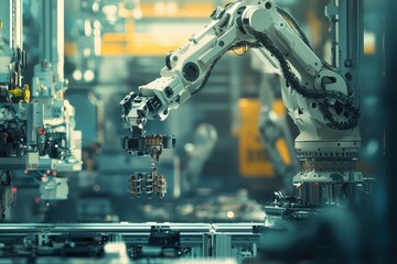 Poster - Advanced Robotic Arm Performing Precise Assembly Tasks in a Modern Industrial Environment with High-Tech Machinery and Automated Processes