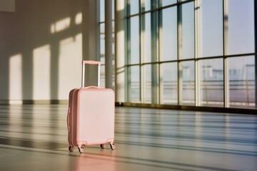 Poster - A pink suitcase sits in front of a window with a view, potentially for packing or travel