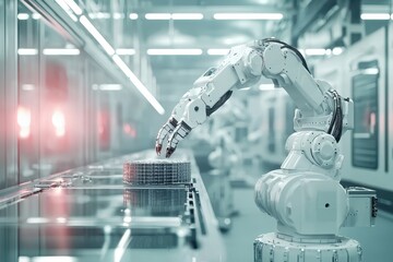 Poster - Advanced Industrial Robotics in Automation: High-Tech Robotic Arm Operating in Modern Manufacturing Facility with Precision and Efficiency, Futuristic Production Environment