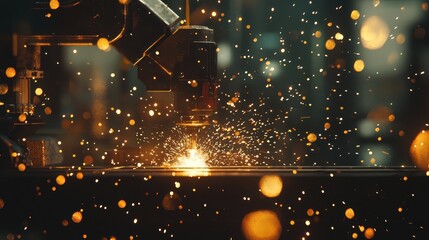 Poster - High-Quality Close-Up of Metal Cutting Process with Sparks Flying During Industrial Fabrication in a Workshop Environment