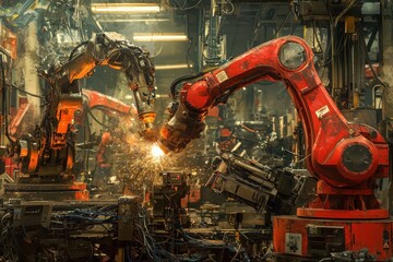 Poster - Advanced Robotic Arms in an Automated Industrial Environment Engaged in Precision Welding with Sparks Flying, Showcasing Modern Manufacturing Technology and Innovation