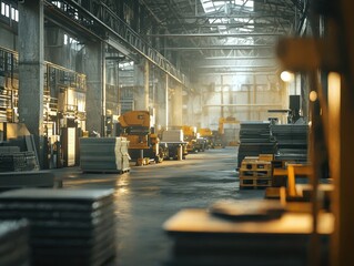 Poster - Industrial Warehouse Interior with Stacked Metallic Sheets, Machinery, and Natural Light Creating an Atmosphere of Productivity and Hard Work
