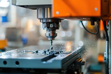 Poster - Close-Up View of High-Precision CNC Milling Machine in Operation with Water Cooling Jet and Shiny Metallic Surface Creating Metal Parts in an Industrial Setting