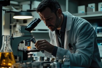 Poster - man in lab coat uses microscope to examine tiny specimen, suitable for science and technology illust