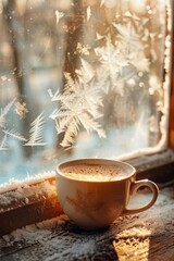 Poster - A cup of coffee placed on a window sill, great for home or office use