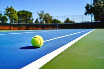 Poster - A single tennis ball sits on a tennis court, ready for play