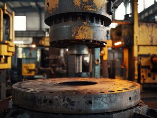 Poster - Industrial machinery with a large drill press in a manufacturing plant, showcasing the mechanics and environment of modern metalworking and fabrication processes.