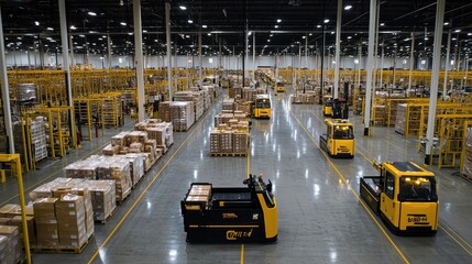 Poster - Aerial View of an Organized Modern Warehouse with Yellow Pallet Jacks and Stacked Boxes in a Spacious Distribution Center