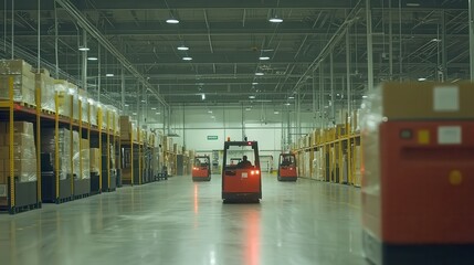 Poster - Modern Warehouse with Forklifts in Action, Inventory Shelves, Efficient Storage Solutions, and Bright Interior Lighting for Logistics Operational Excellence
