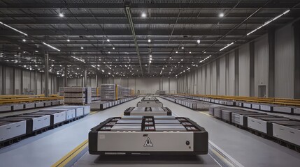 Poster - Modern automated warehouse with advanced logistics systems featuring robotic transport vehicles and spacious, well-lit aisles for efficient inventory management and storage solutions.