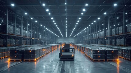Poster - Modern Warehouse Interior with Automated Forklift Navigating Between Storage Racks Under Bright LED Lights in a High-Ceiling Industrial Space