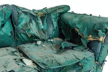 Poster - A worn-out green couch sits atop a clean white floor, awaiting repair or replacement
