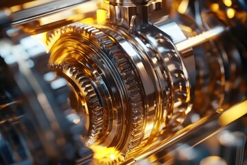 Poster - Intricate close-up of metallic gears and cogs in a mechanical system showcasing fine details and vibrant reflections, emphasizing industrial technology and engineering marvels