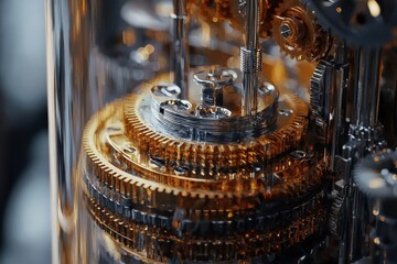 Poster - Close-Up of Intricate Clockwork Mechanism Featuring Gleaming Metal Gears and Reflective Surfaces Highlighting the Art of Engineering and Precision Mechanics