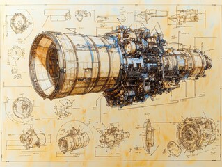Poster - Detailed Engineering Blueprint of a Jet Engine Featuring Technical Drawings and Schematics with Annotations and Measurements for Educational Purposes