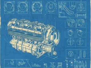 Poster - Detailed Blueprint of a Three-Cylinder Engine with Technical Drawings and Design Specifications on a Blue Background for Engineering and Manufacturing Projects
