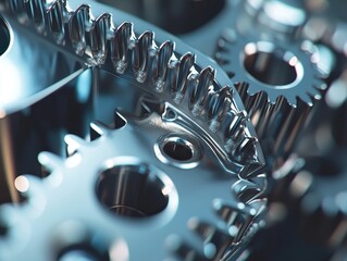 Poster - Intricate Close-up of Polished Metallic Gears and Cogs Highlighting the Precision Engineering and Reflective Surface in a Industrial Setting