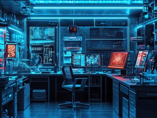 Poster - Futuristic Laboratory Interior with Neon Lighting and High-Tech Equipment Showcasing Advanced Technology and Innovation in a Sci-Fi Inspired Workspace