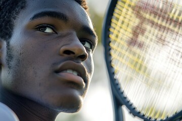 Aufkleber - A young man holds a tennis racquet on a tennis court, ready to play