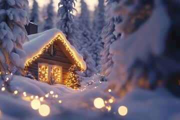 Poster - A cozy snowy cabin with festive Christmas lights