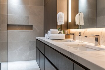 Poster - A modern bathroom with two sinks and a shower, perfect for a busy household