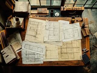 Poster - Aerial View of a Wooden Desk Surrounded by Architectural Blueprint Drawings and Tools in a Cozy, Vintage Workspace Setting