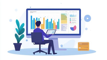 Poster - Modern Office Workspace with Professional Analyzing Data on Large Screen, Businessman Using Laptop and Reviewing Graphs and Charts in Bright Environment