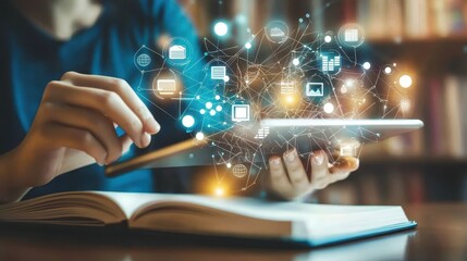 Poster - Person Using Tablet Device with Digital Connection Graphics Overlaid, Representing Technology, Learning, and Modern Communication in a Cozy Library Setting