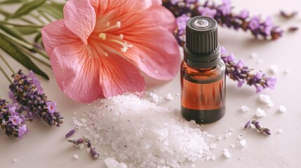 Poster - A bottle of essential oil placed beside fresh flowers
