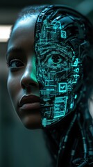 Poster - Futuristic Portrait of a Woman with Half Human Half Robotic Face Showcasing Digital Elements and High-Tech Interface in a Dark Setting