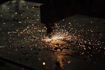 Poster - Welding Process Creating Sparks and Heat in Industrial Workshop at Night with Focus on Powerful Plasma Cutter and Shimmering Light Effects on Metal Surface